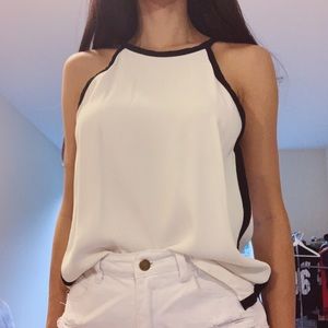 Zara white chiffon sleeveless top with black trim